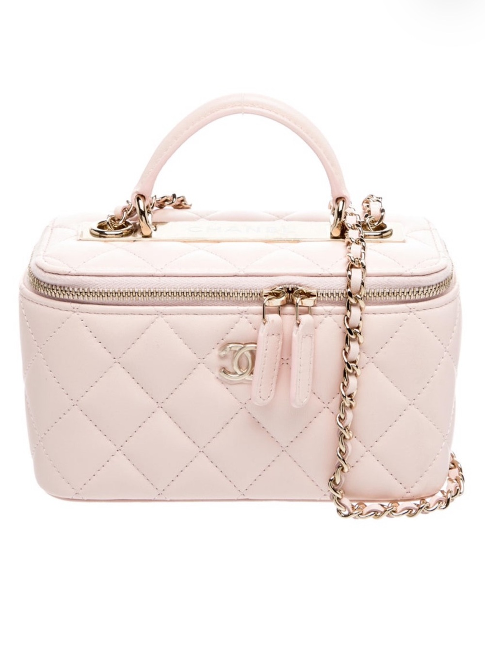 CHANEL Pale Pink Quilted Vanity Case with Gold Chain